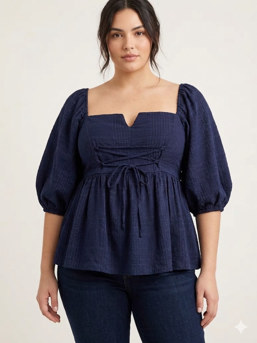 Trixxi Navy Square-Neck Peplum Top with Puff Sleeves Coquette Cottagecore Boho - Picture 1 of 7